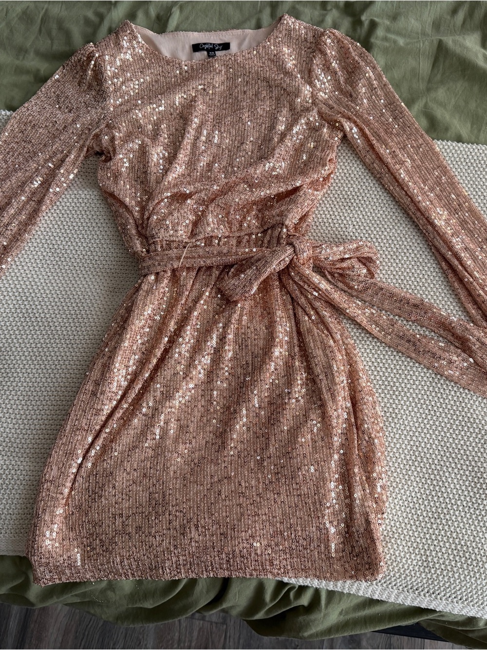 Sequin Tie-Waist Long Sleeve Dress - Rose Gold *Brand New* Never Worn